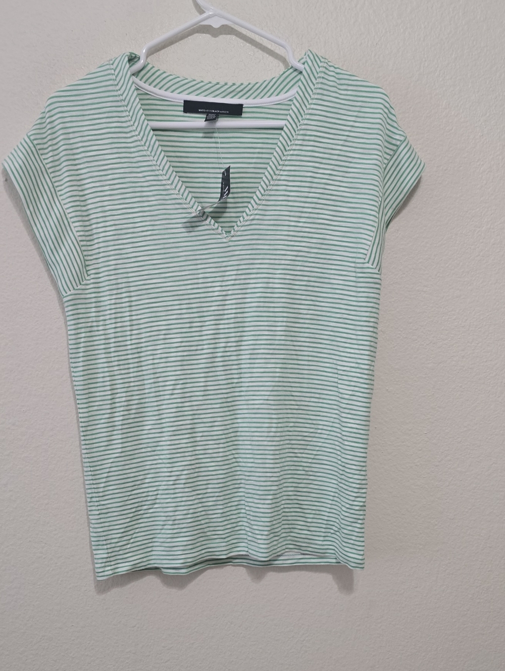 White House Black Market Mint & White Striped V-Neck Tee